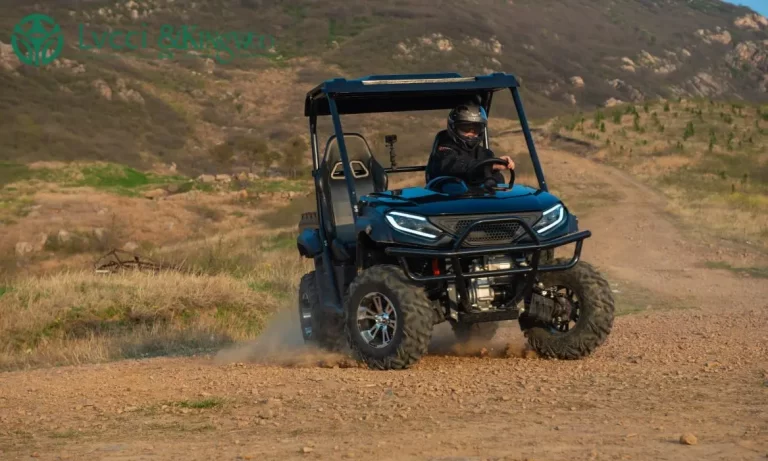 An electric UTV speeding across the mountains.