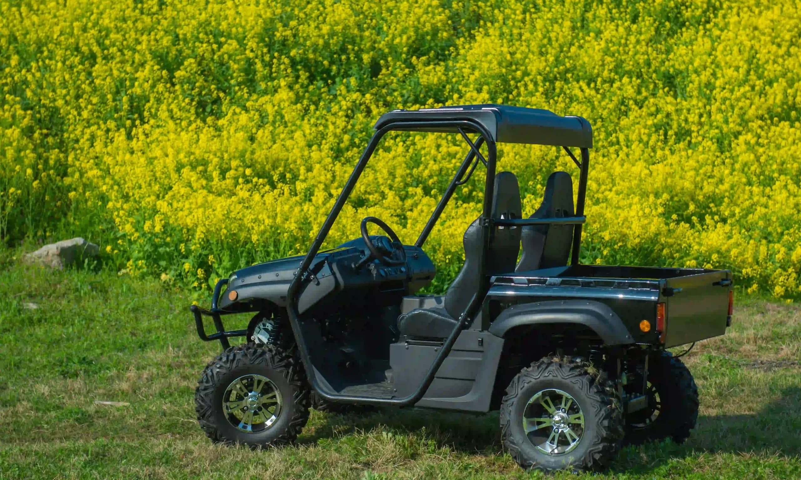 Electric UTV amidst wildflowers in the wild
