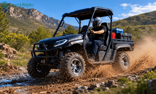 Electric UTV leaps over the mud