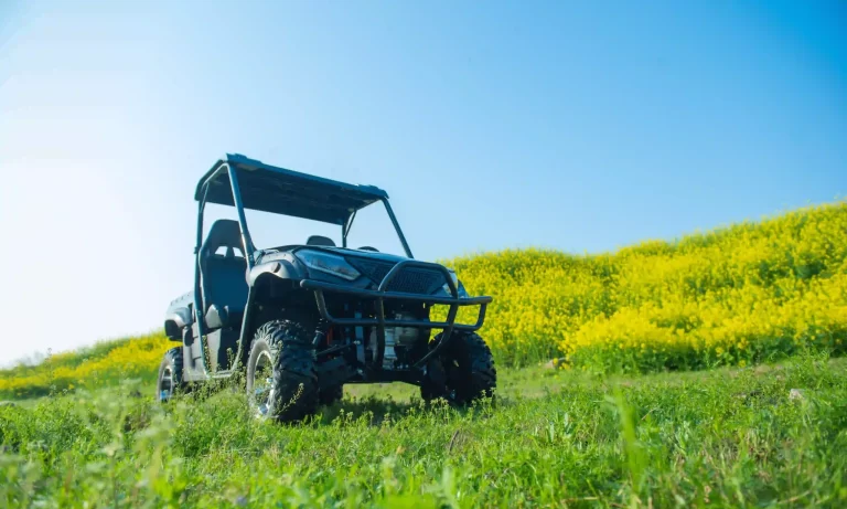 A UTV in a field of rapeseed flowers